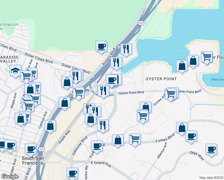 map of restaurants, bars, coffee shops, grocery stores, and more near 101 Oyster Point Boulevard in South San Francisco