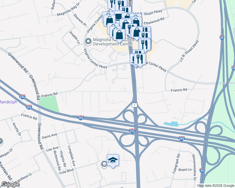 map of restaurants, bars, coffee shops, grocery stores, and more near 1211 Old Francis Road in Glen Allen