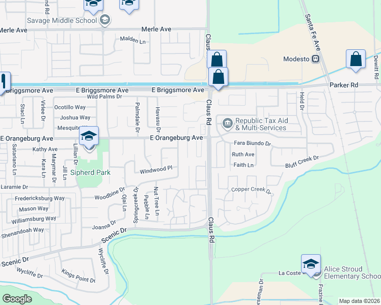 map of restaurants, bars, coffee shops, grocery stores, and more near 1120 Cedar Creek Court in Modesto