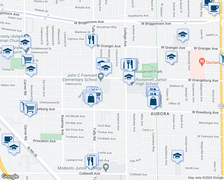 map of restaurants, bars, coffee shops, grocery stores, and more near 1309 Como Park Way in Modesto