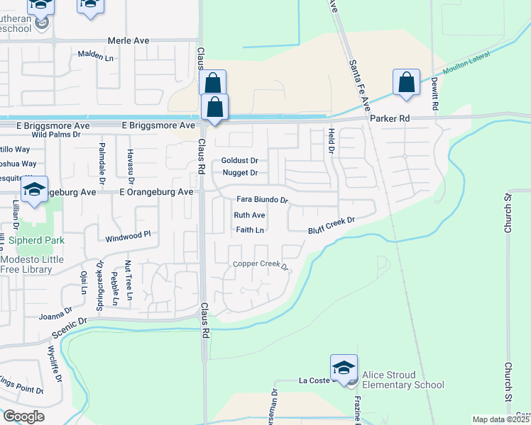 map of restaurants, bars, coffee shops, grocery stores, and more near 4125 Faith Lane in Modesto
