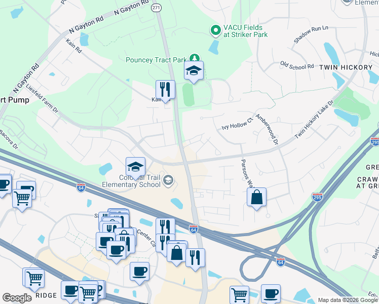 map of restaurants, bars, coffee shops, grocery stores, and more near in Short Pump
