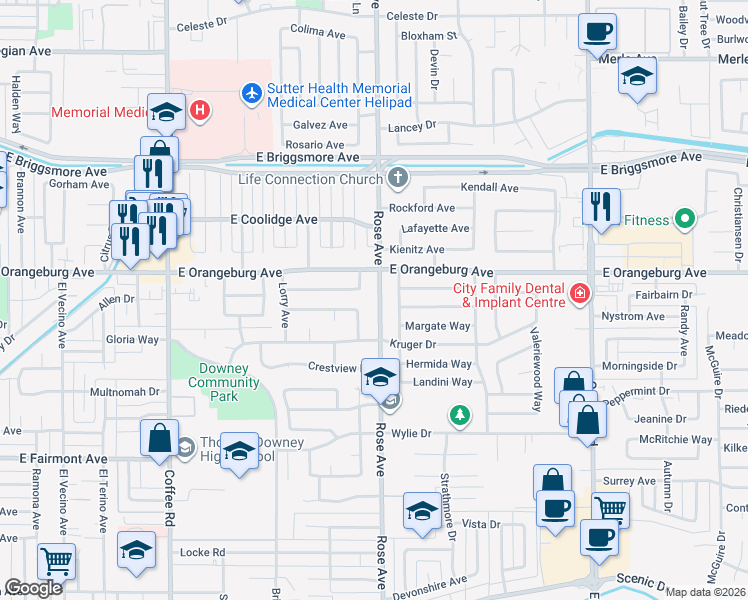 map of restaurants, bars, coffee shops, grocery stores, and more near 1329 Rose Avenue in Modesto