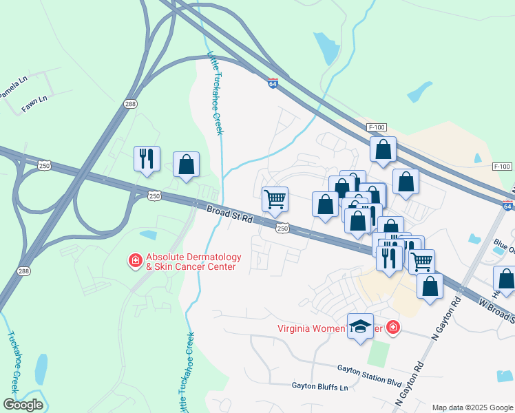 map of restaurants, bars, coffee shops, grocery stores, and more near 12415-12433 West Broad Street in Henrico