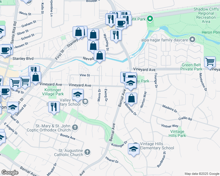 map of restaurants, bars, coffee shops, grocery stores, and more near 3676 Vineyard Avenue in Pleasanton