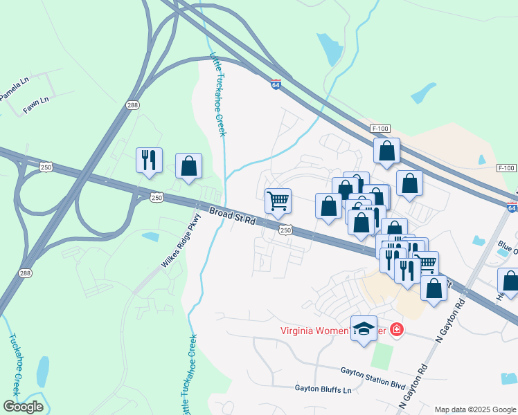 map of restaurants, bars, coffee shops, grocery stores, and more near 12410 West Broad Street in Henrico
