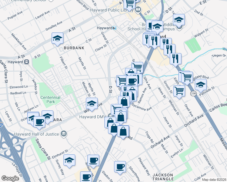 map of restaurants, bars, coffee shops, grocery stores, and more near 24065 Dotson Court in Hayward
