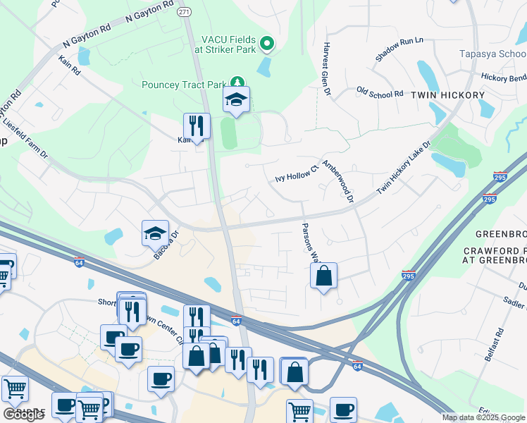 map of restaurants, bars, coffee shops, grocery stores, and more near 5304 Twisting Vine Lane in Glen Allen