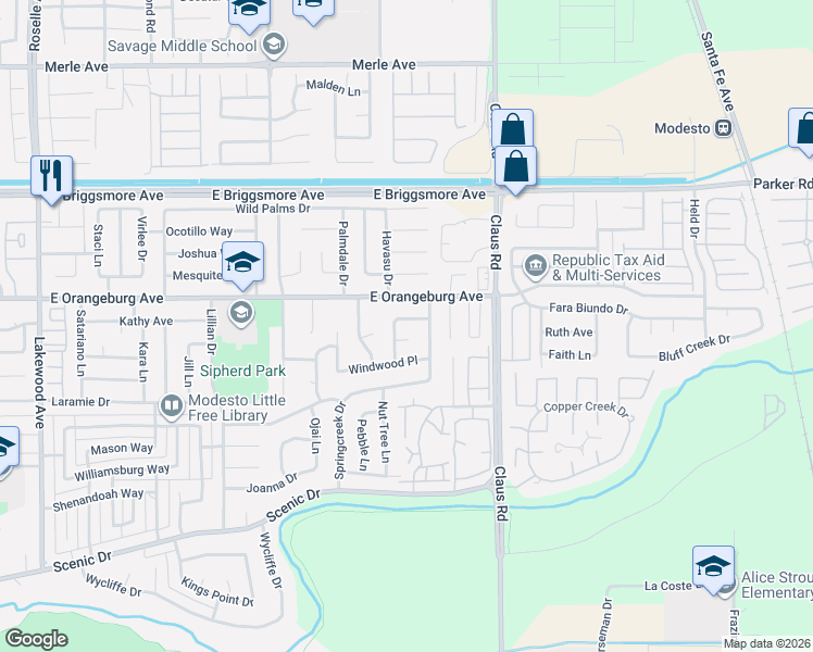 map of restaurants, bars, coffee shops, grocery stores, and more near 1309 Broughton Place in Modesto