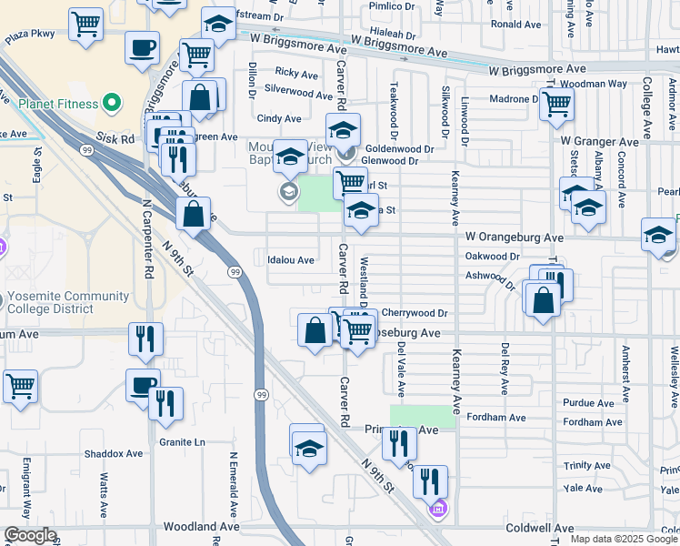 map of restaurants, bars, coffee shops, grocery stores, and more near 1638 Clayton Avenue in Modesto