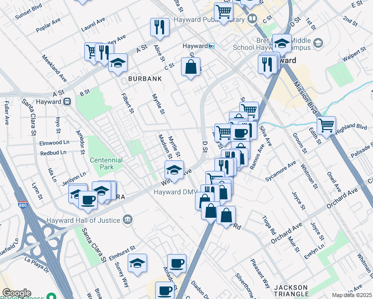 map of restaurants, bars, coffee shops, grocery stores, and more near 24060 Myrtle Street in Hayward