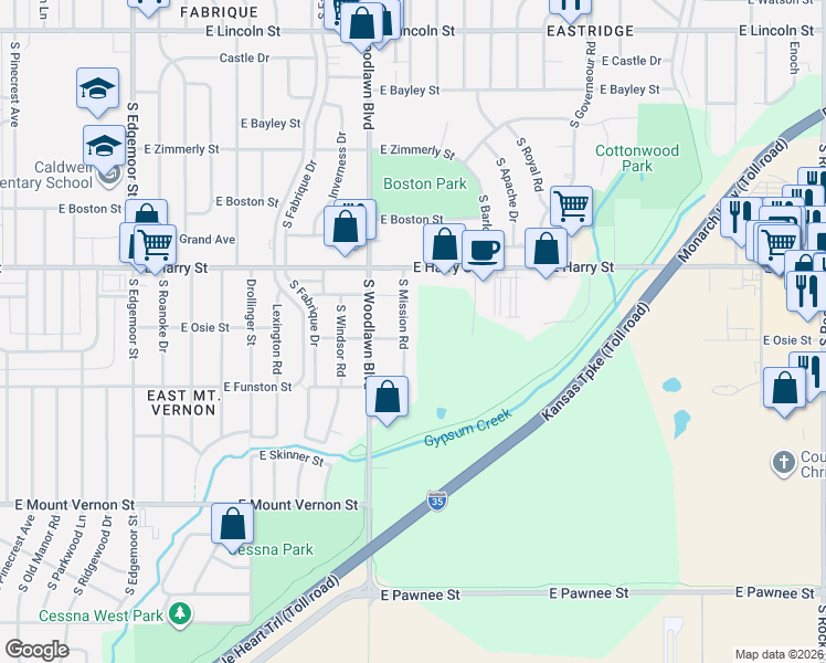 map of restaurants, bars, coffee shops, grocery stores, and more near 1708 S Mission Rd in Wichita