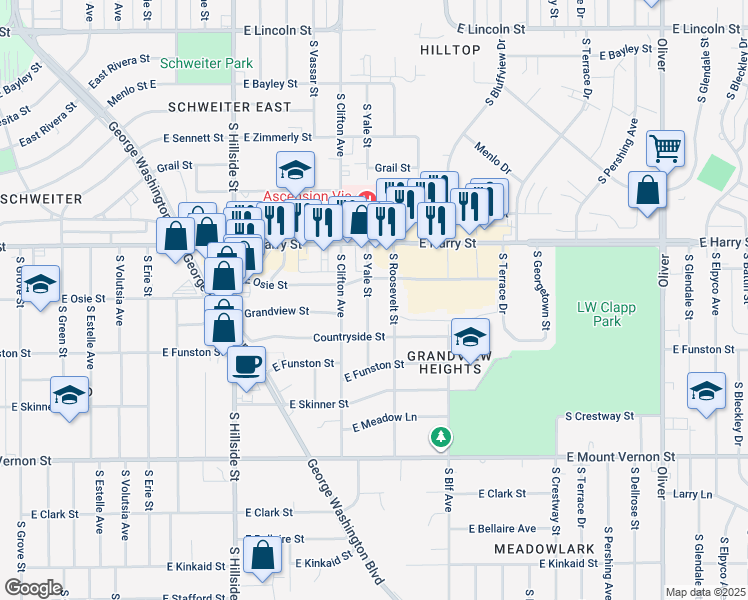 map of restaurants, bars, coffee shops, grocery stores, and more near 1756 South Yale Street in Wichita