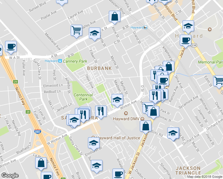 map of restaurants, bars, coffee shops, grocery stores, and more near 589 Staley Avenue in Hayward