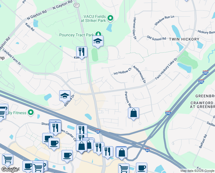 map of restaurants, bars, coffee shops, grocery stores, and more near 5304 Twisting Vine Lane in Glen Allen