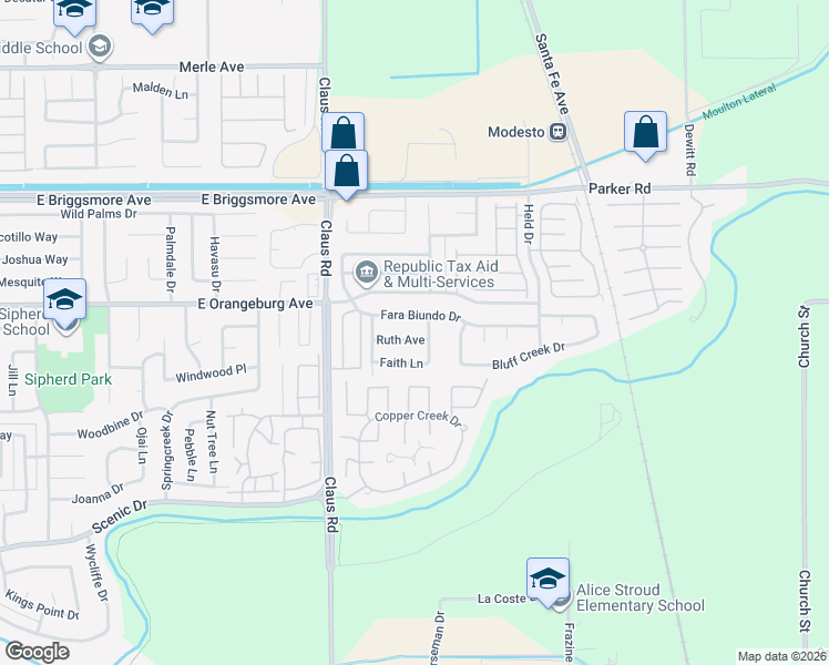 map of restaurants, bars, coffee shops, grocery stores, and more near 4125 Ruth Avenue in Modesto