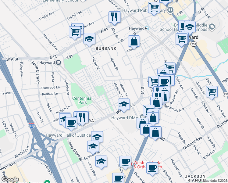 map of restaurants, bars, coffee shops, grocery stores, and more near 625 Staley Avenue in Hayward