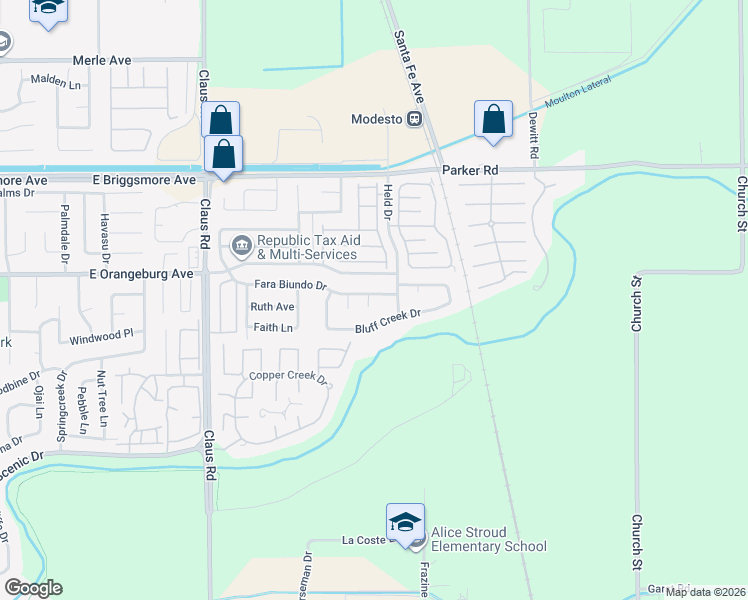 map of restaurants, bars, coffee shops, grocery stores, and more near 4408 Fara Biundo Drive in Modesto