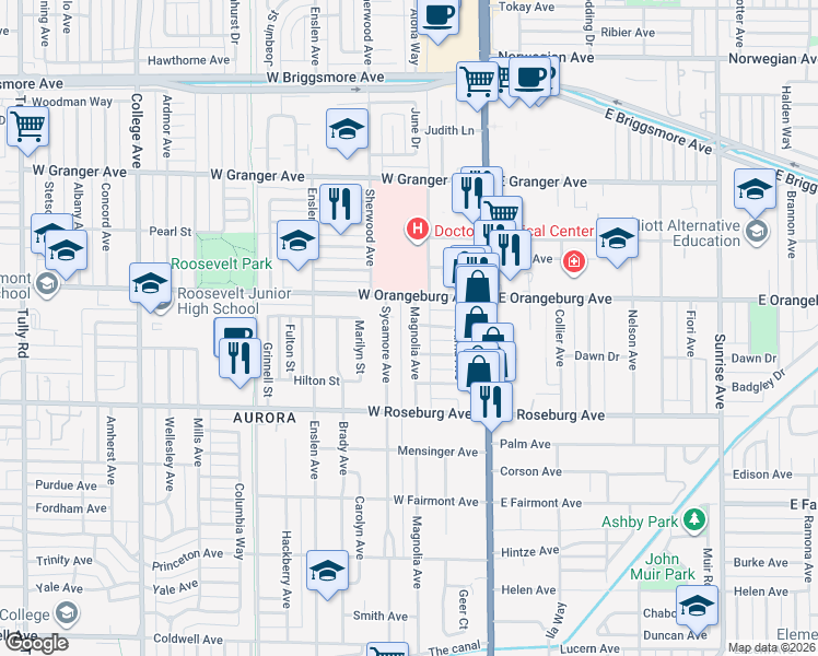 map of restaurants, bars, coffee shops, grocery stores, and more near 1321 Magnolia Avenue in Modesto