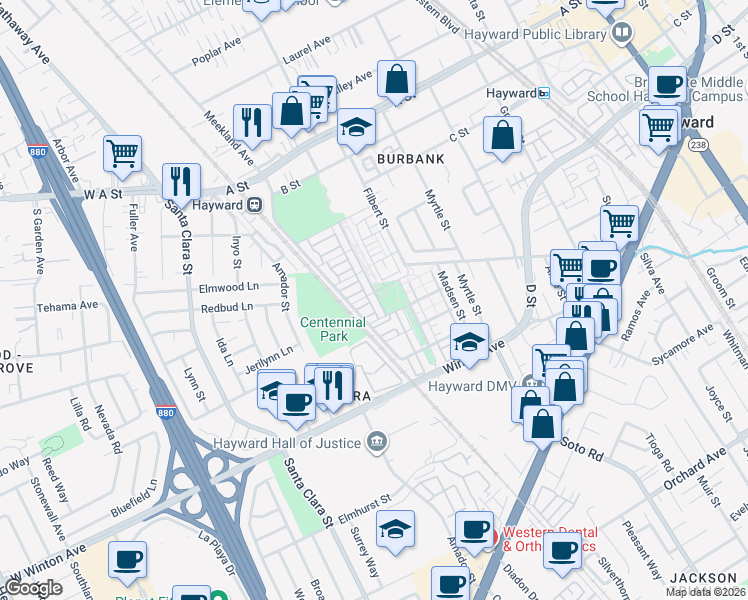 map of restaurants, bars, coffee shops, grocery stores, and more near 2153 Parkhurst Street in Hayward
