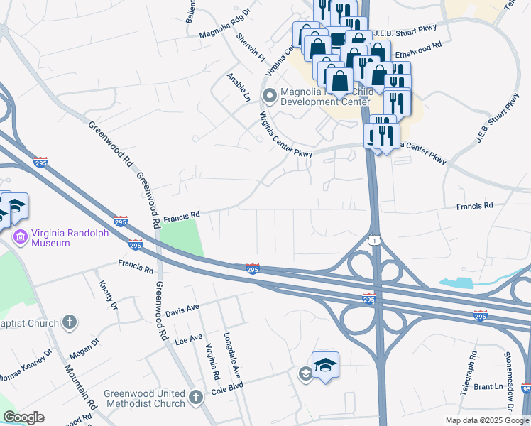 map of restaurants, bars, coffee shops, grocery stores, and more near 1405 Old Francis Road in Glen Allen