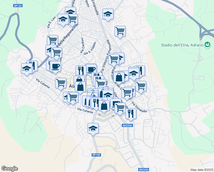 map of restaurants, bars, coffee shops, grocery stores, and more near 14 Via del Segreto in Adrano
