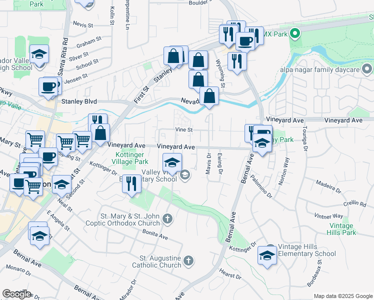 map of restaurants, bars, coffee shops, grocery stores, and more near 3955 Vineyard Avenue in Pleasanton