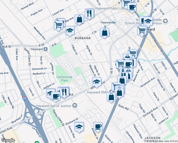 map of restaurants, bars, coffee shops, grocery stores, and more near 3088 Madsen Street in Hayward