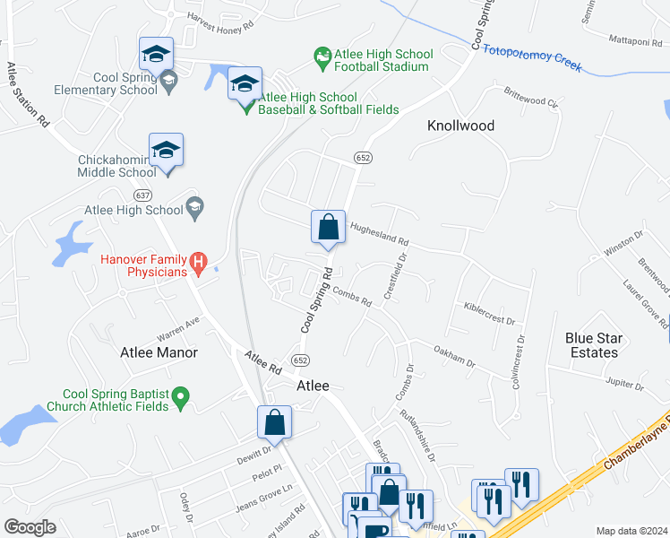 map of restaurants, bars, coffee shops, grocery stores, and more near 9346 Cool Spring Road in Mechanicsville