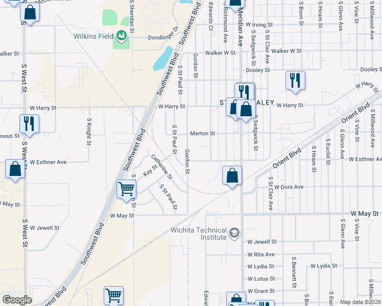 map of restaurants, bars, coffee shops, grocery stores, and more near 1710 South Gordon Street in Wichita