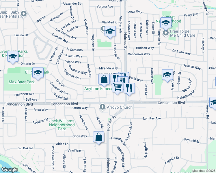 map of restaurants, bars, coffee shops, grocery stores, and more near 1051 Catalina Drive in Livermore