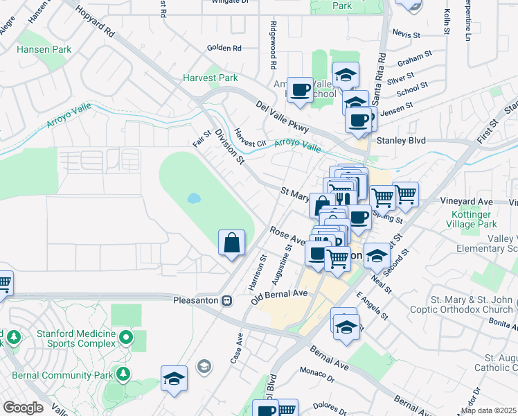 map of restaurants, bars, coffee shops, grocery stores, and more near 627 Rose Avenue in Pleasanton