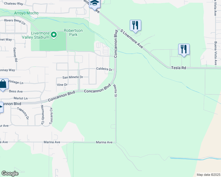 map of restaurants, bars, coffee shops, grocery stores, and more near 2301 Concannon Boulevard in Livermore