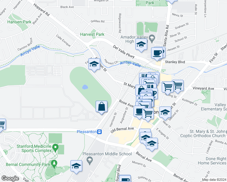 map of restaurants, bars, coffee shops, grocery stores, and more near 627 Rose Avenue in Pleasanton