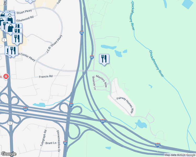 map of restaurants, bars, coffee shops, grocery stores, and more near 9600 Links Way in Glen Allen