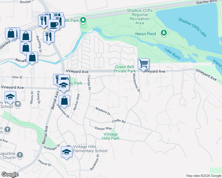map of restaurants, bars, coffee shops, grocery stores, and more near 649 Marsala Court in Pleasanton