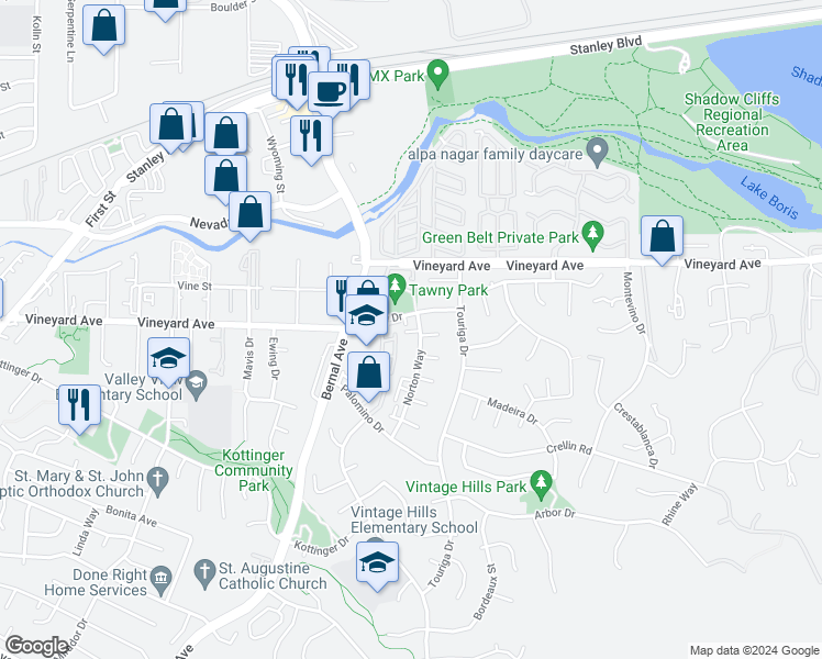 map of restaurants, bars, coffee shops, grocery stores, and more near 560 Tawny Drive in Pleasanton