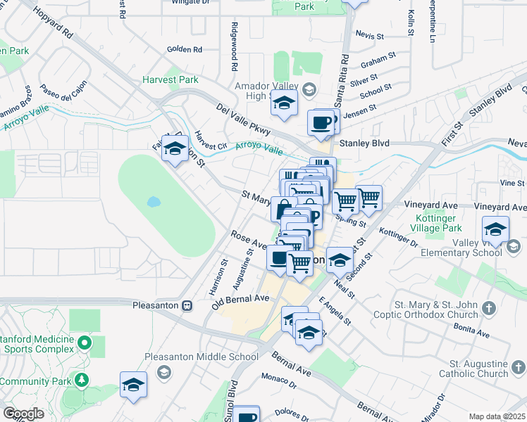 map of restaurants, bars, coffee shops, grocery stores, and more near 496 Saint Mary Street in Pleasanton