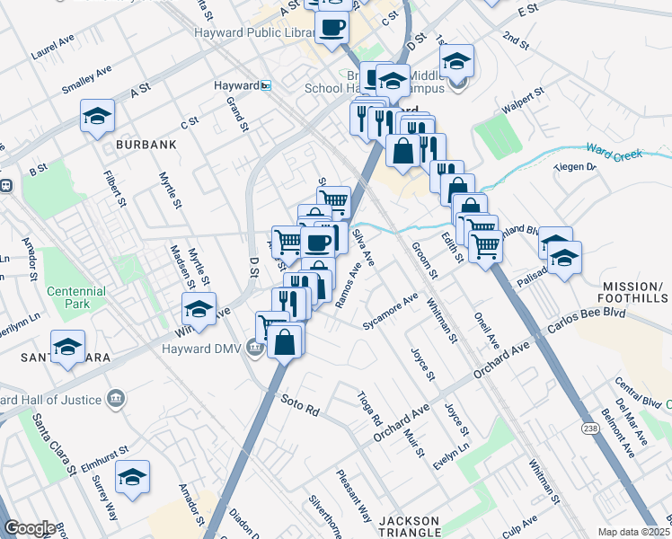 map of restaurants, bars, coffee shops, grocery stores, and more near 537 East Jackson Street in Hayward