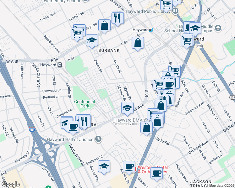 map of restaurants, bars, coffee shops, grocery stores, and more near 3088 Madsen Street in Hayward