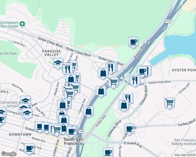 map of restaurants, bars, coffee shops, grocery stores, and more near 114 Chapman Avenue in South San Francisco