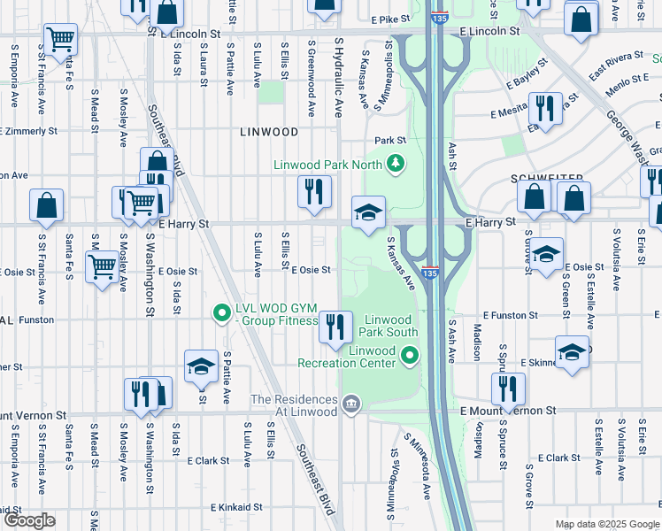 map of restaurants, bars, coffee shops, grocery stores, and more near 1631 South Hydraulic Avenue in Wichita