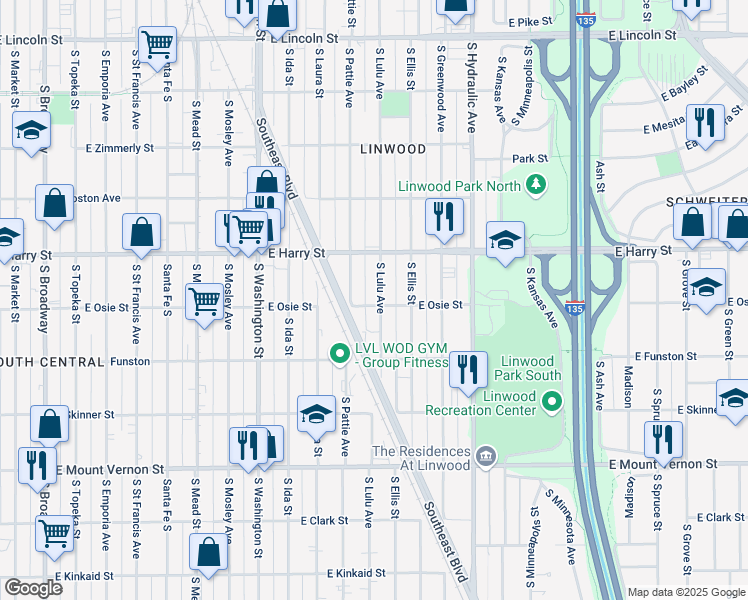 map of restaurants, bars, coffee shops, grocery stores, and more near 1627 South Lulu Street in Wichita