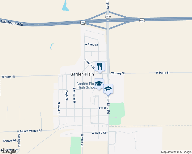 map of restaurants, bars, coffee shops, grocery stores, and more near 29922 West Harry Street in Garden Plain