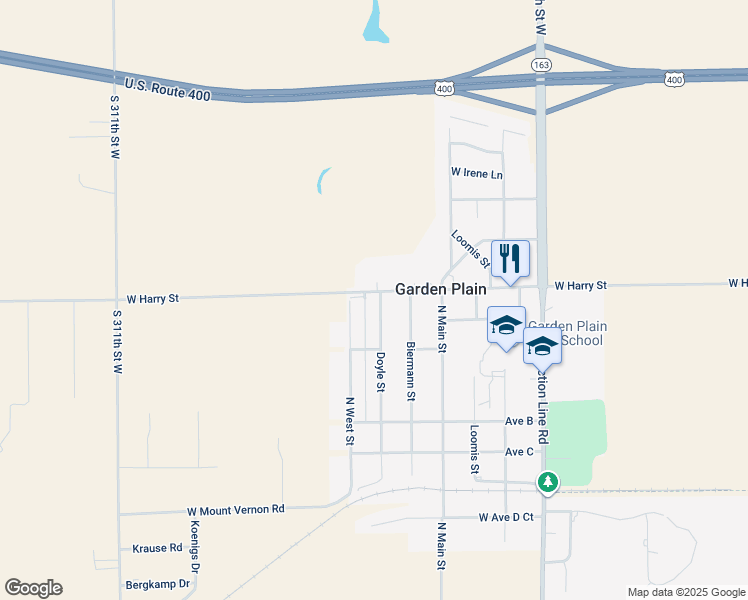 map of restaurants, bars, coffee shops, grocery stores, and more near 633-663 West Harry Street in Garden Plain
