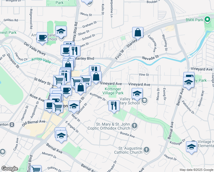map of restaurants, bars, coffee shops, grocery stores, and more near 4100 Vineyard Avenue in Pleasanton
