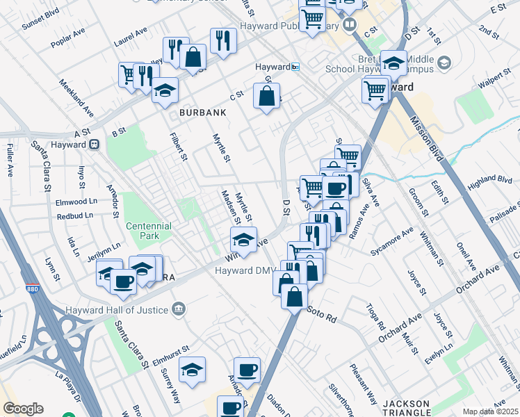 map of restaurants, bars, coffee shops, grocery stores, and more near 24027 Park Street in Hayward
