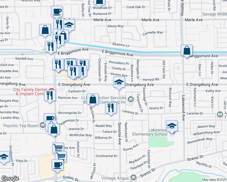 map of restaurants, bars, coffee shops, grocery stores, and more near 1325 Sonoma Avenue in Modesto