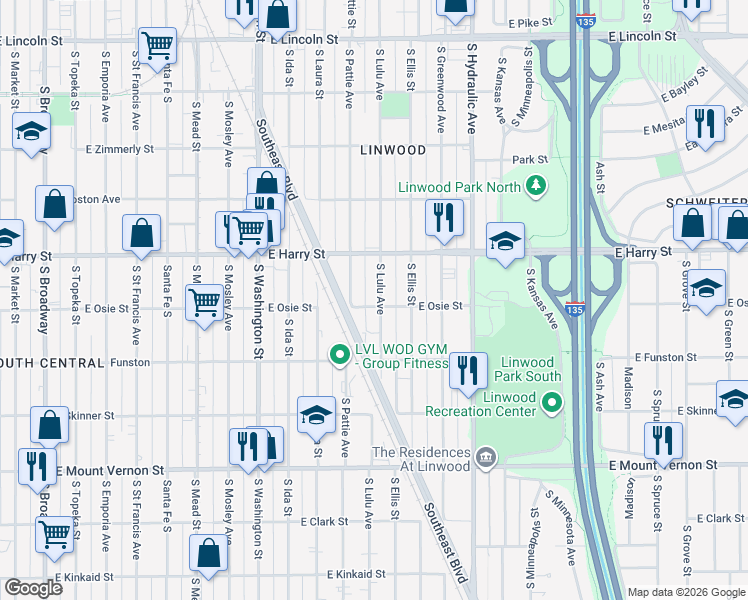 map of restaurants, bars, coffee shops, grocery stores, and more near 1627 South Lulu Street in Wichita