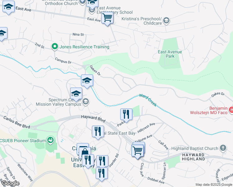 map of restaurants, bars, coffee shops, grocery stores, and more near 2554 Carisbrook Court in Hayward